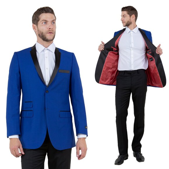 Mens Royal Blue Blazer Slim Fit w/ Satin Notch Lapel - Picture 1 of 4